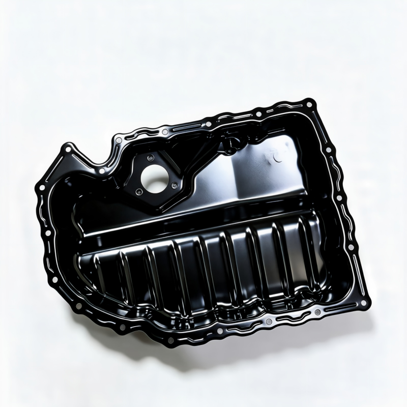 Black engine oil pan with oil opening and ribbed baffle surface