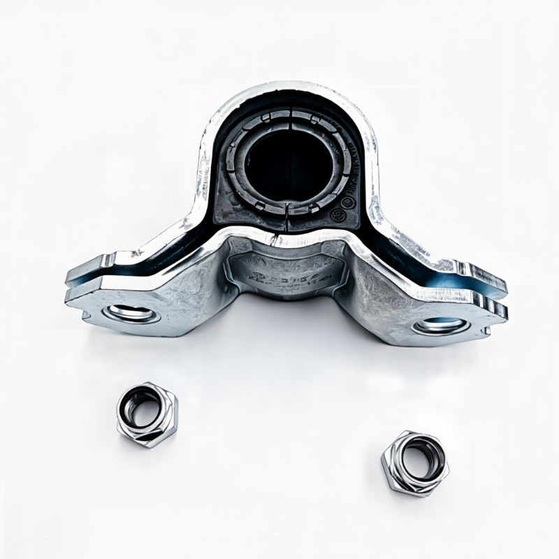 Stabilizer bar bushing bracket with black rubber bushing and two hex nuts