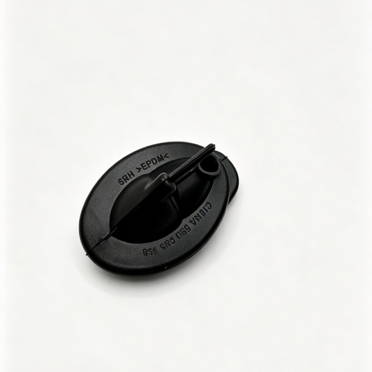Black windshield washer hose grommet, top view with molded ridges and outlet