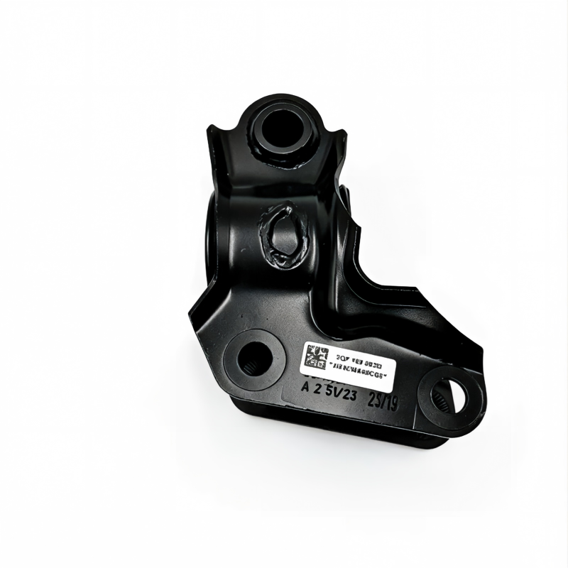 Black suspension control arm bracket with bushing seat, bolt holes, and sticker