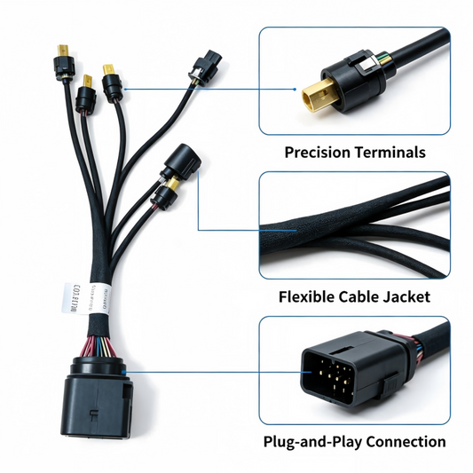 Fuel injector wiring harness with black plug end, flexible cable jacket, gold terminals and splices