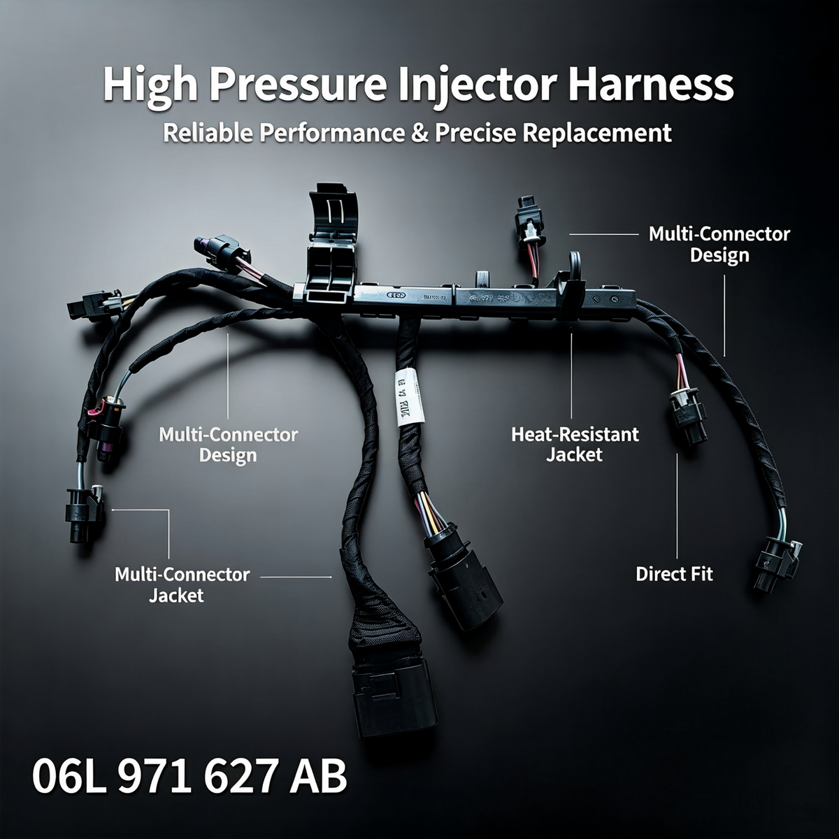 Fuel injector wiring harness laid out with multi-connectors, heat-resistant jacket