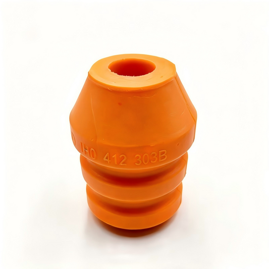 Orange front shock absorber bump stop, angled view with top opening and 1H0412303B stamp