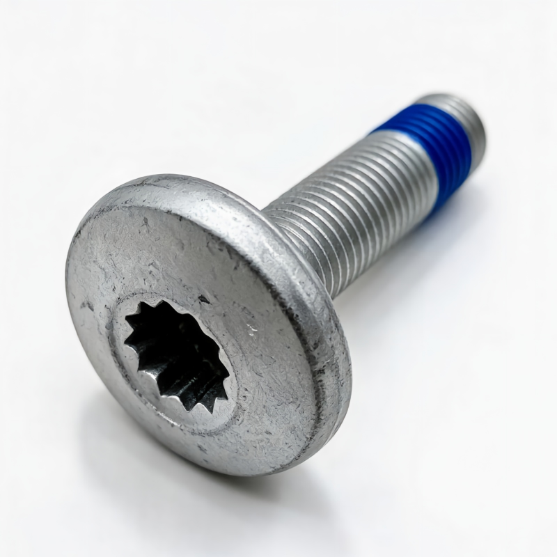 Rear wheel bearing bolt with blue thread seal and star-drive head, silver