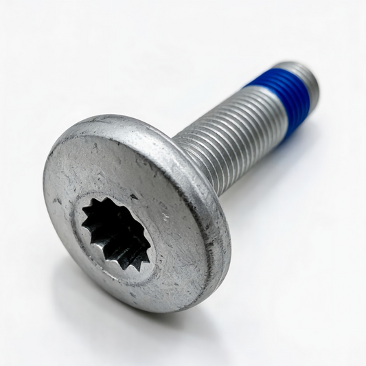 Rear wheel bearing bolt with blue thread seal and star-drive head, silver