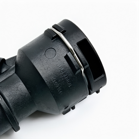 Coolant hose connector close-up with metal retaining clip, black plastic