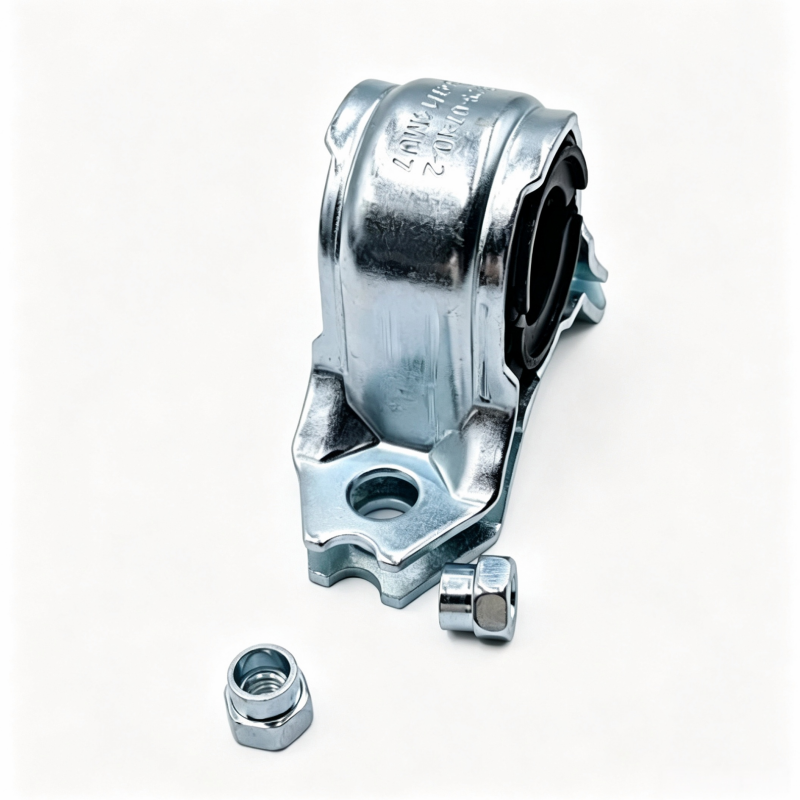 Metal front stabilizer bar bushing mount with black bushing, side bracket, nut