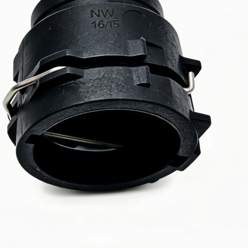 Heater coolant hose end fitting with open black outlet and metal retaining clip