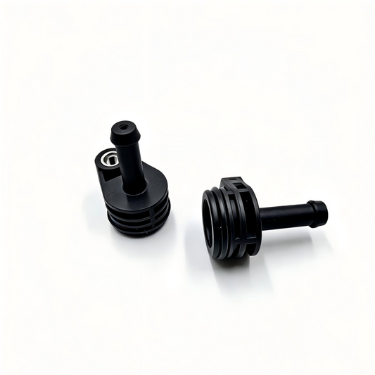 Black coolant hose connector with ribbed circular end and hollow hose spout
