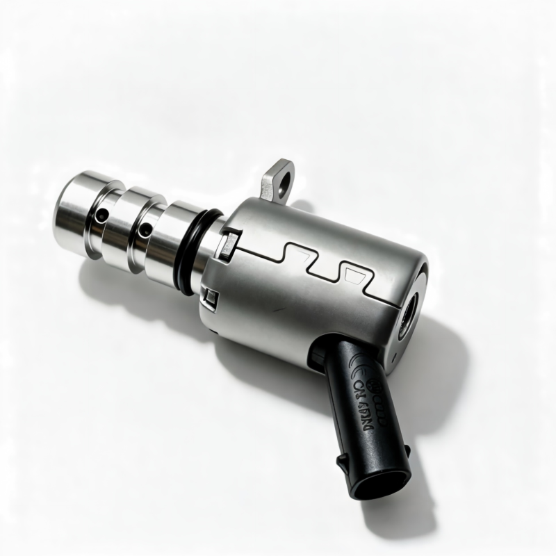 Camshaft adjustment control valve, silver housing with black inlet hose and mounting loop