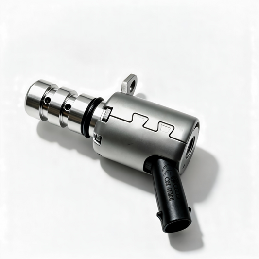 Camshaft adjustment control valve, silver housing with black inlet hose and mounting loop