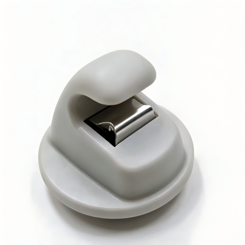 Light gray sun visor mounting bracket clip with chrome latch opening