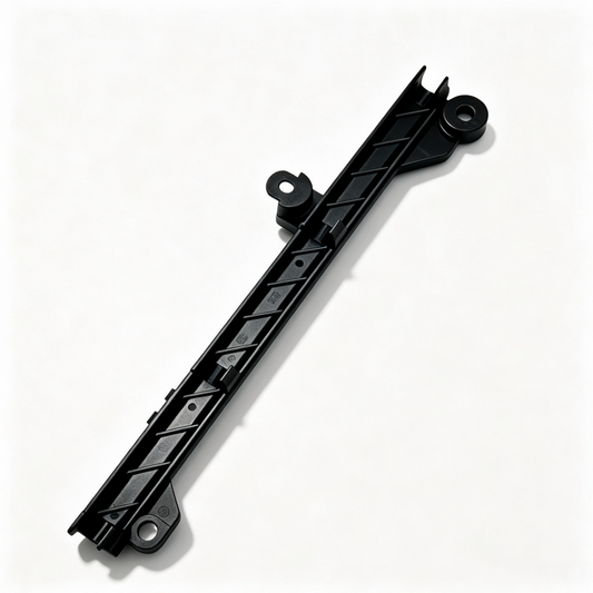 Black fuel line support bracket with angled rail and circular mounting hole ends
