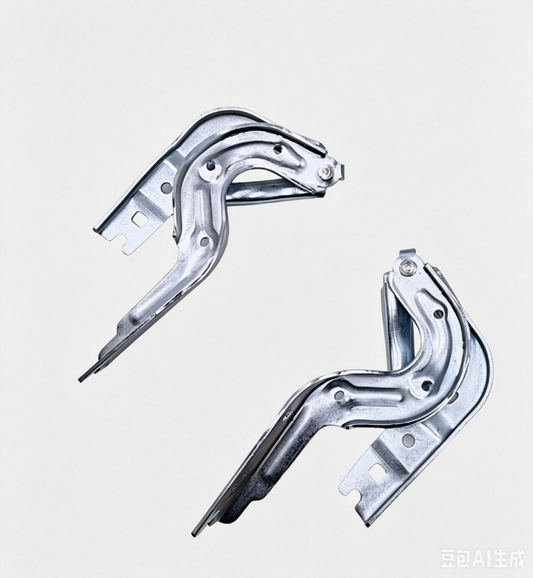 Metal hood hinge brackets, left and right, showing curved arms and mounting plates