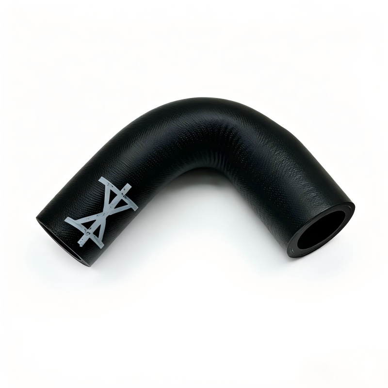 Black curved coolant hose with embossed emblem on side, open connector end