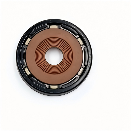 Crankshaft oil seal, round black housing with brown rubber center and small metal tabs