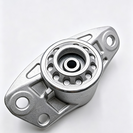 Rear shock absorber mount bracket, silver metal, circular hub with bolt holes