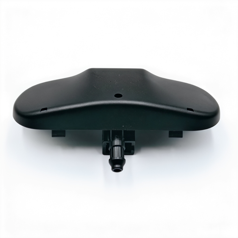 Black windshield washer nozzle with vertical sprayer tube, underside view