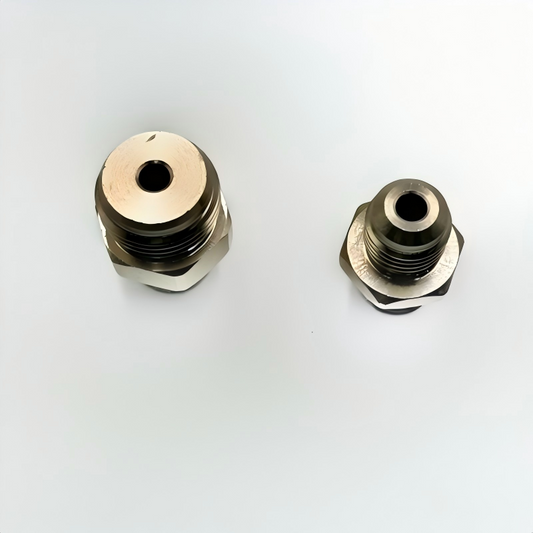 Brass fuel pump connector fitting shown from the side, with hex collar and central hole