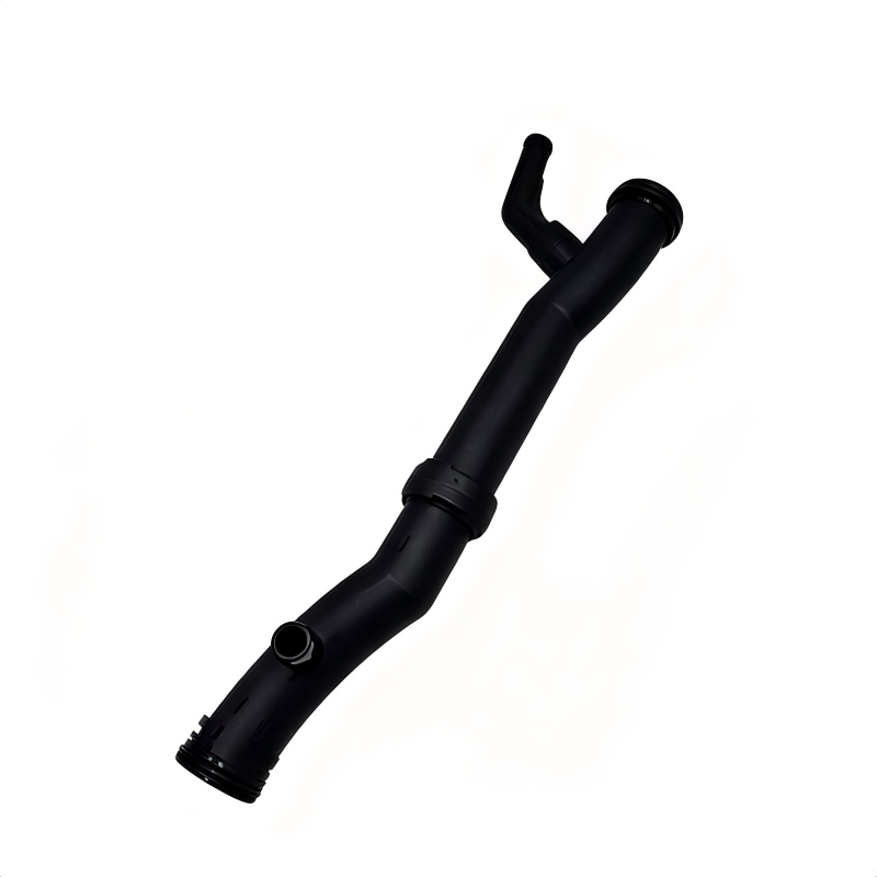 Black coolant hose with upward outlet and angled connector
