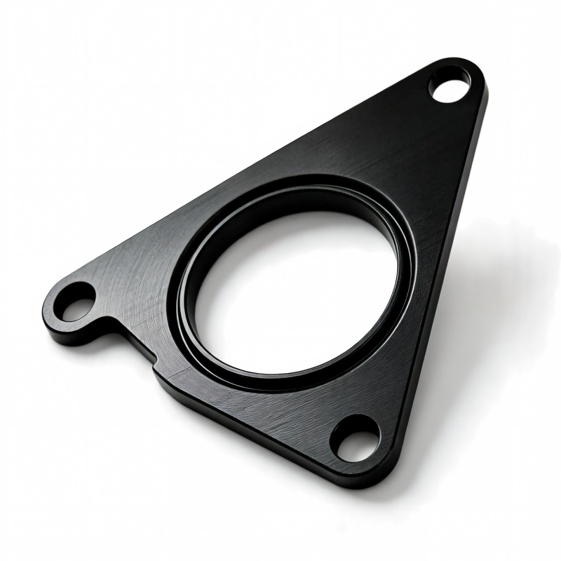 Triangular black oil line seal gasket with circular center hole and side bolt holes