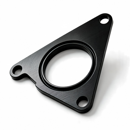 Triangular black oil line seal gasket with circular center hole and side bolt holes