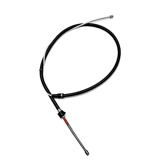 Parking brake cable with black housing and braided metal end, looped assembly