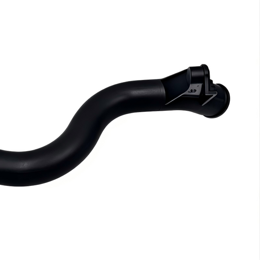Curved coolant hose with molded junction and mounting bracket, black rubber