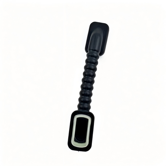 Tailgate wiring harness sleeve, ribbed black sheath with rectangular light green connector