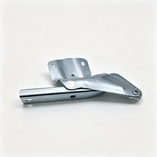 Metal hood hinge pair with long arm and bracket plates, silver with holes