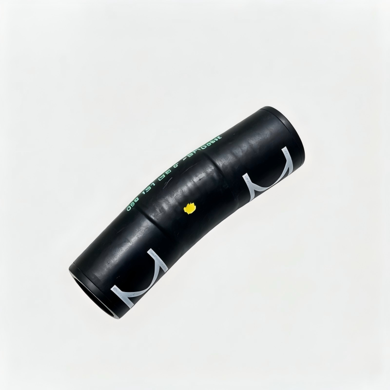 Black coolant hose with green text stripe and white end, angled view
