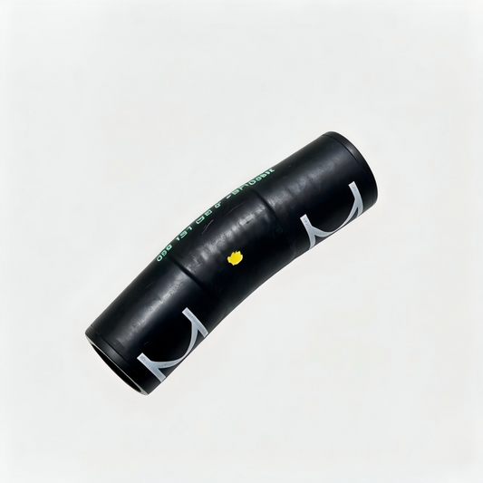 Black coolant hose with green text stripe and white end, angled view