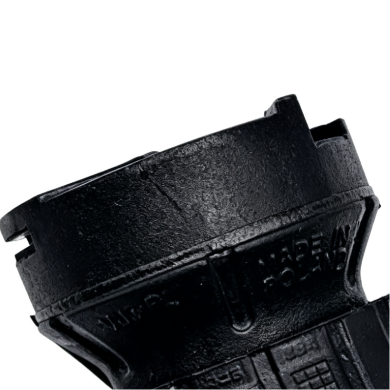 Stabilizer bar bushing detail, black rubber with embossed markings