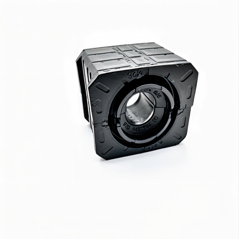 Stabilizer bar bushing with black rubber body and central circular opening
