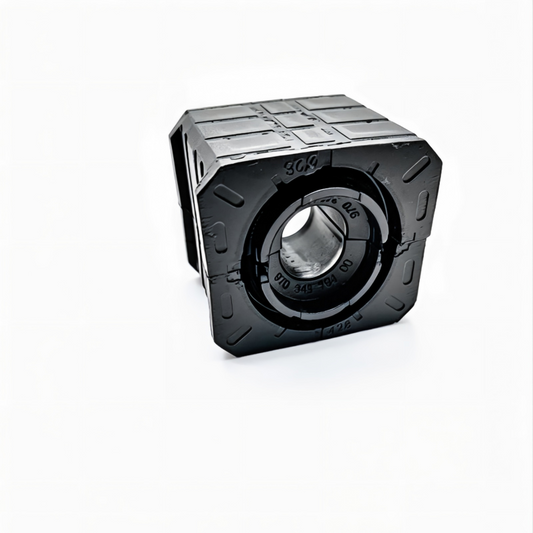 Stabilizer bar bushing with black rubber body and central circular opening