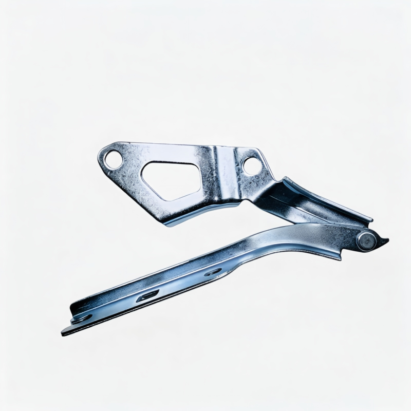 Hood alignment hinge bracket with curved arm and bolt holes