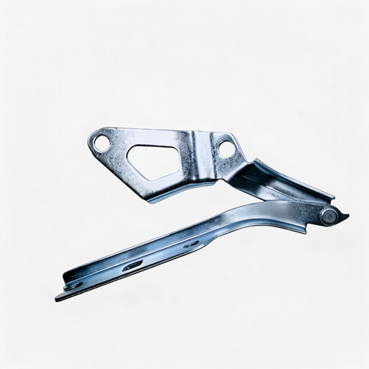 Hood alignment hinge bracket with curved arm and bolt holes