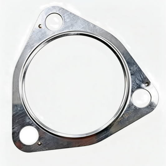 Exhaust gasket with large circular sealing ring, triangular metal plate, and three bolt holes