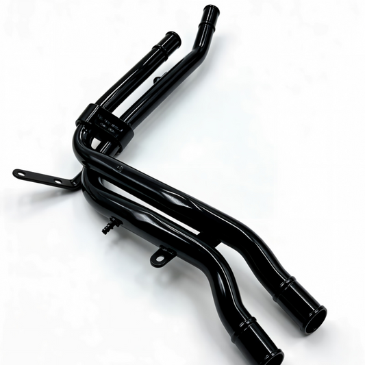 Black engine coolant pipe assembly with mounting brackets and curved sections