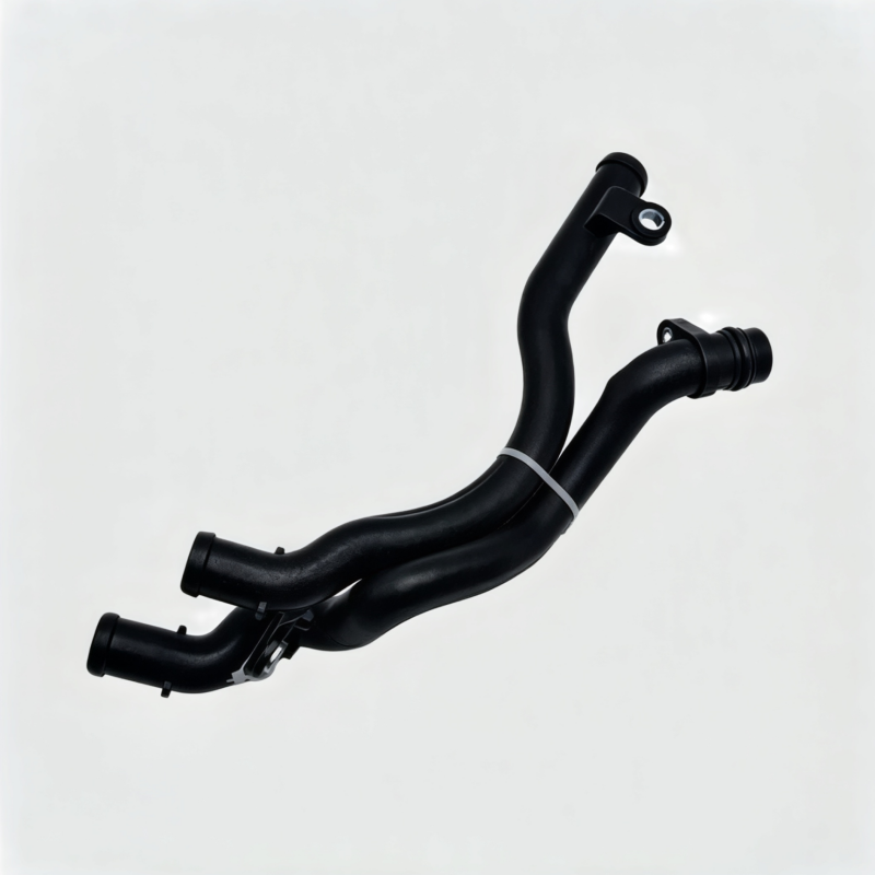 Black engine coolant return pipe with molded bends and metal mounting bracket