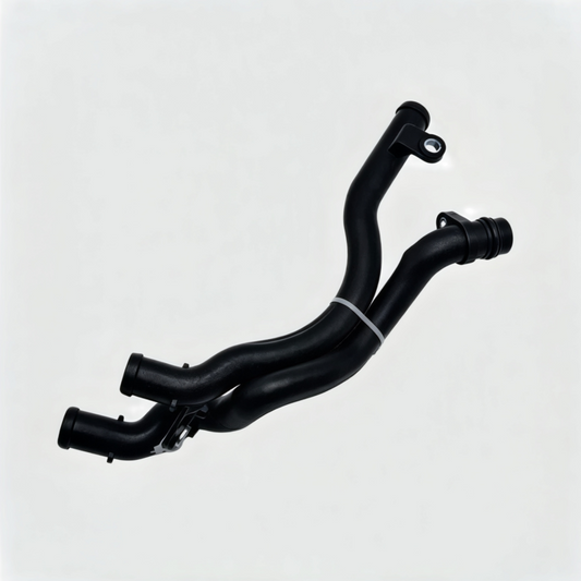 Black engine coolant return pipe with molded bends and metal mounting bracket