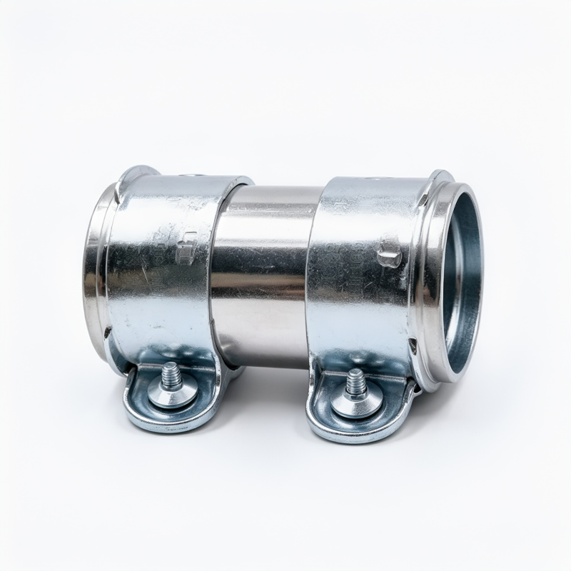 Exhaust pipe clamp with shiny silver body, two side brackets and bolt hardware