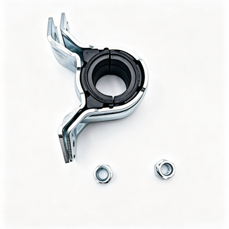 Front stabilizer bar bushing bracket with round black bushing ring and two hex nuts