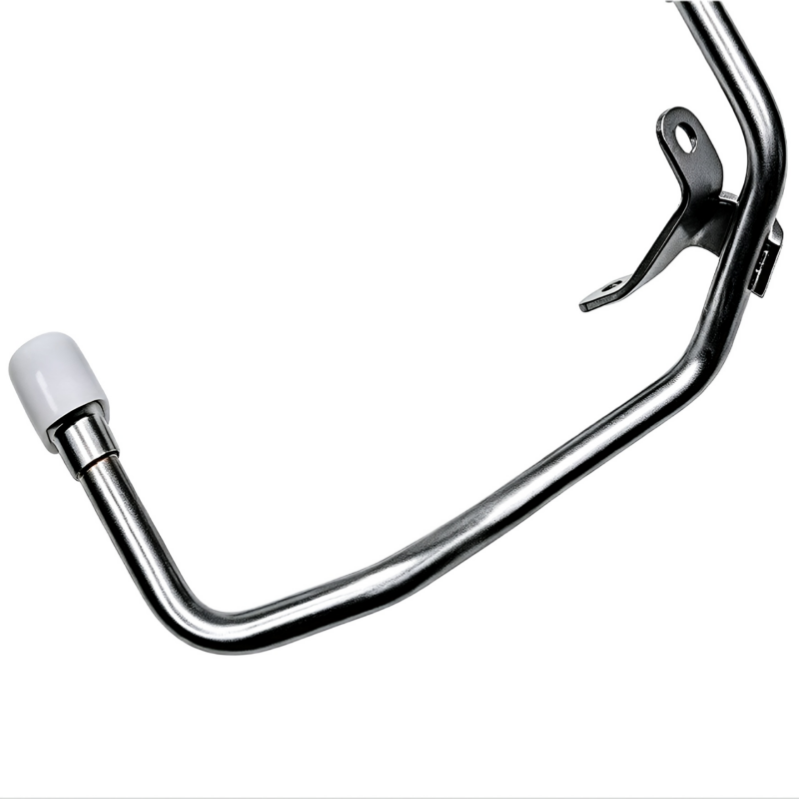 Curved turbo boost air pipe with mounting bracket and clamp, shiny metal finish