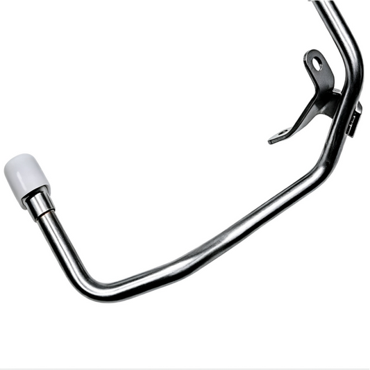 Curved turbo boost air pipe with mounting bracket and clamp, shiny metal finish