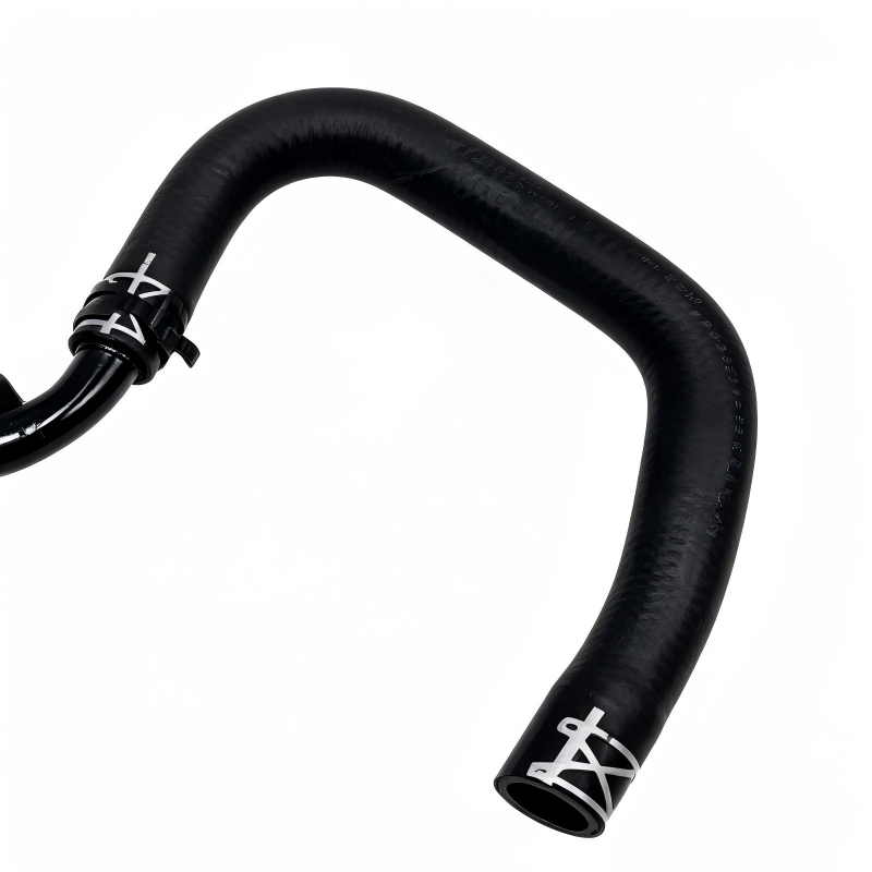 Black curved coolant hose with band clamps and molded connector ends