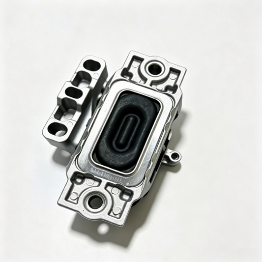 Engine mount support with black rubber insert in rectangular housing and bolt holes