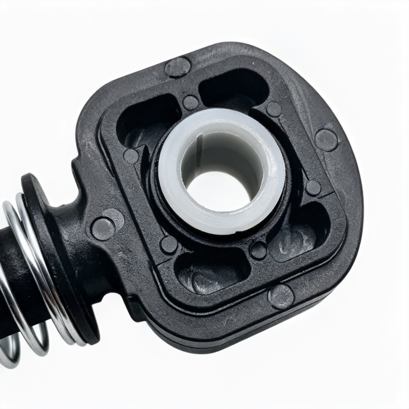 Shift cable retainer housing with circular white bushing and black spring coil