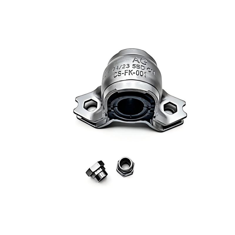 Front stabilizer bar bushing bracket top view with black bushing and small parts