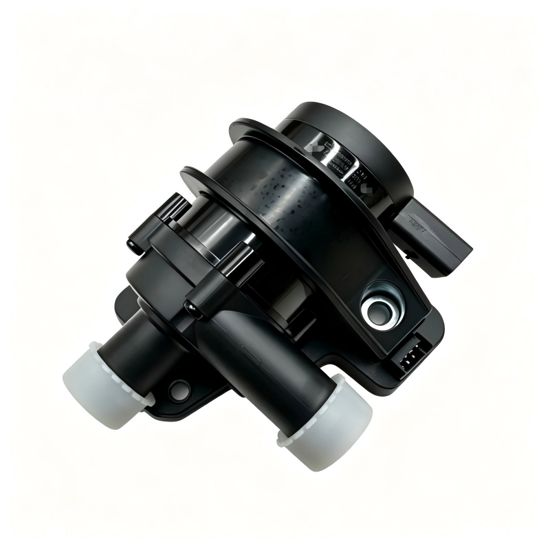 Auxiliary electric water pump, black motor assembly with top circular inlet and side outlet